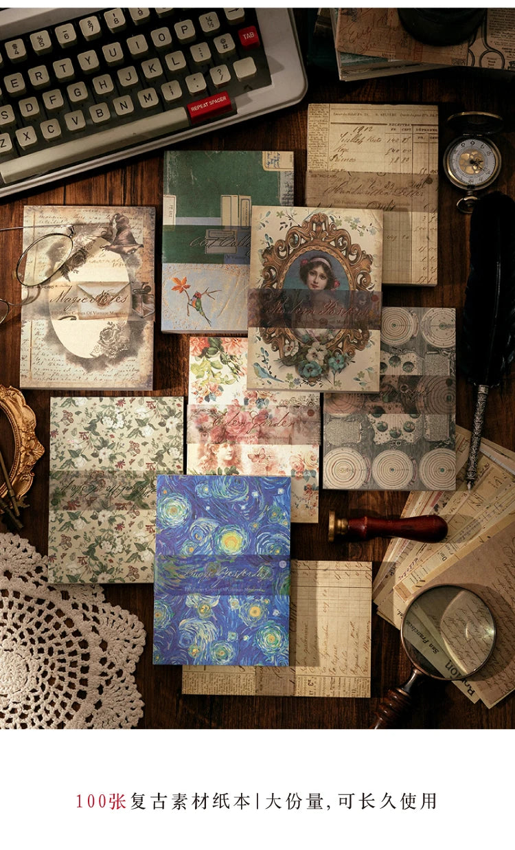 A collection of vintage scrapbook paper sheets in various textures and colors for crafting projects.