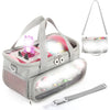 A gray travel case for Toniebox toys with an adjustable strap and a clear window.