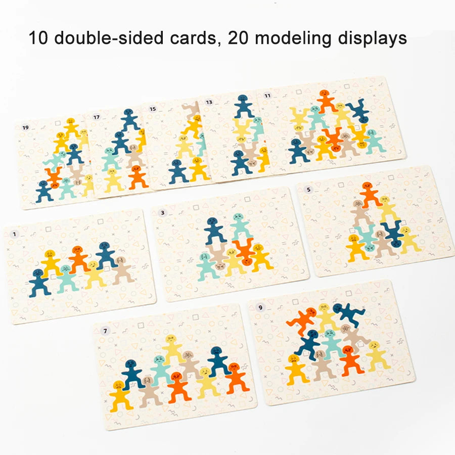 A set of ten double-sided wooden cards featuring colorful figures for modeling displays.