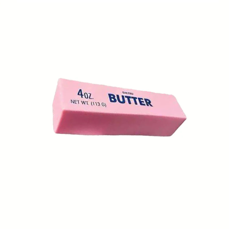 A pink butter squishy stress relief toy labeled 4oz butter net wt 113g