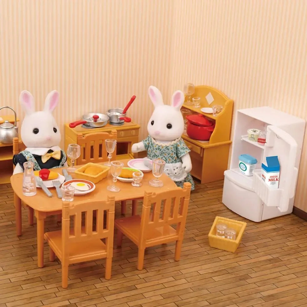 A miniature dollhouse furniture set featuring a white rabbit figure and wooden dining table and chairs.