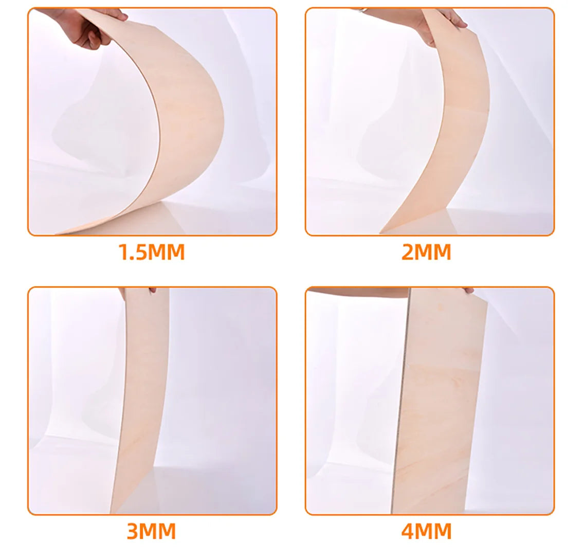 A set of premium basswood craft sheets shown in various thicknesses: 1.5mm, 2mm, 3mm, and 4mm.
