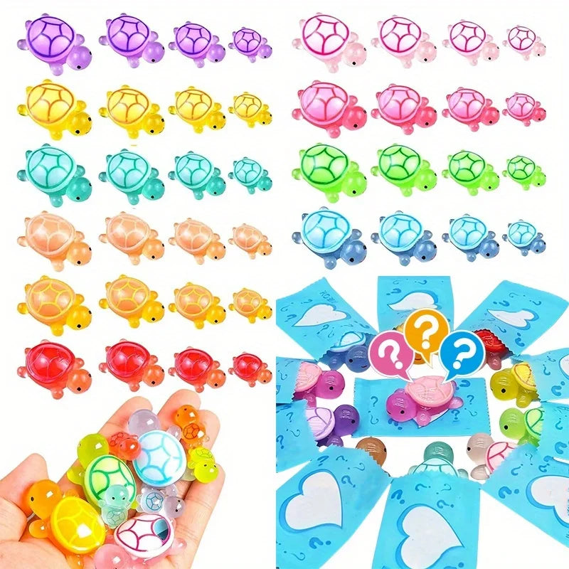 A hand holds a collection of glow in the dark mini turtle collectible figurines in various colors and shapes.