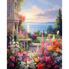 A vibrant oil painting depicting a lush, colorful flower garden and a serene sunset over a body of water.