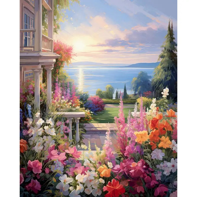 A vibrant oil painting depicting a lush, colorful flower garden and a serene sunset over a body of water.