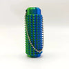 A vibrant blue and green spiky sensory keychain with a silver chain.