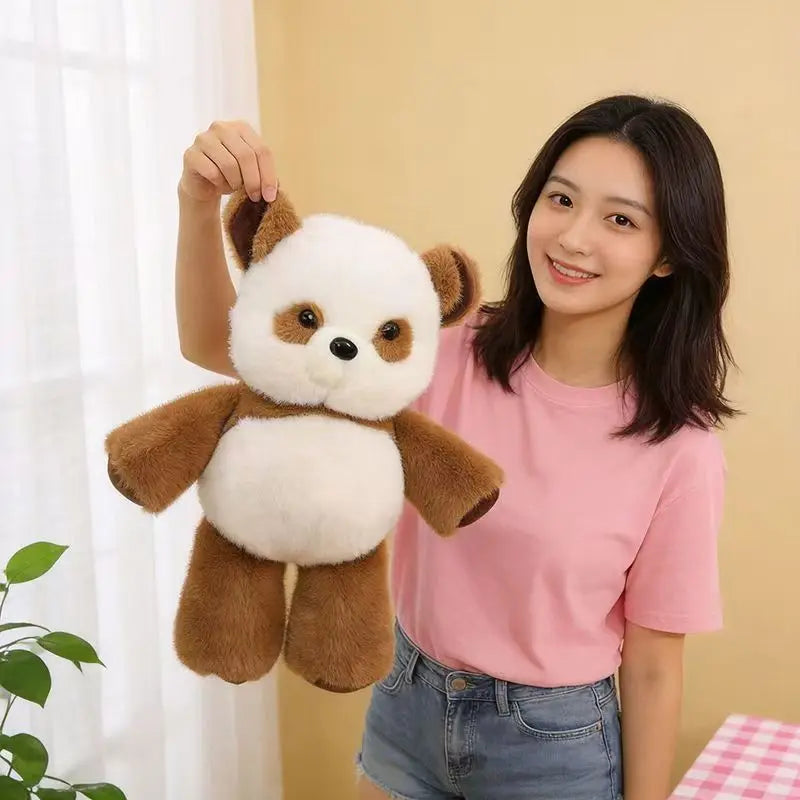 A young woman holds up a brown and white stuffed panda plushie against a light yellow background.