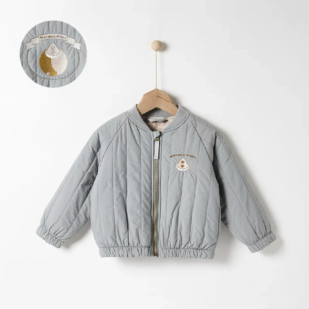 A light gray padded jacket for kids featuring a letter print on the chest, displayed on a hanger.