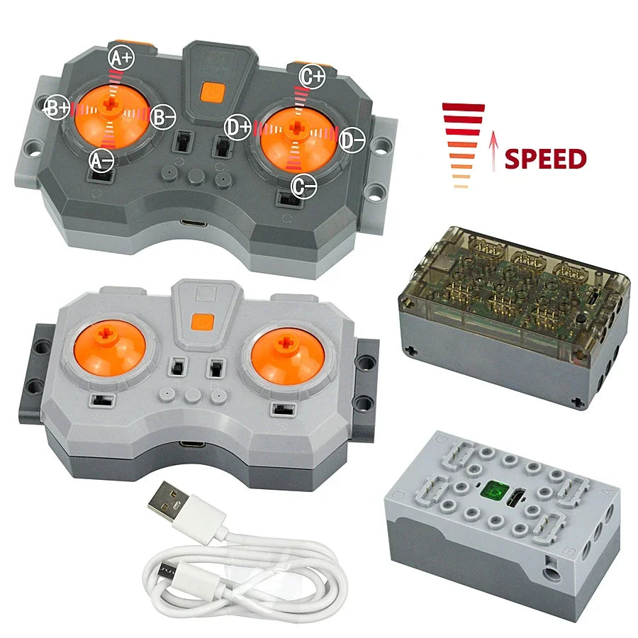 A set of power functions motors and servos for building blocks, including various components and a power supply unit.