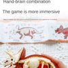 A hand holds a detailed dinosaur fossil model, demonstrating the immersive experience of a hand-brain combination game.