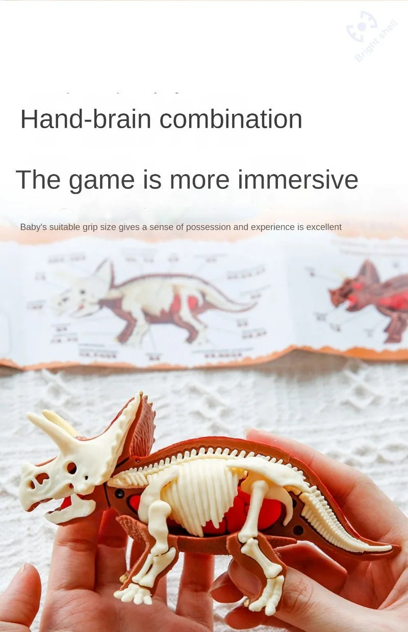 A hand holds a detailed dinosaur fossil model, demonstrating the immersive experience of a hand-brain combination game.
