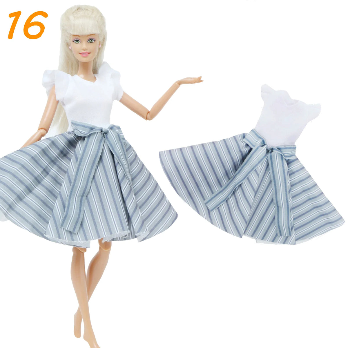 Fashion Doll Outfit Set – Wave Point Dress & Denim Grid Skirt for 11.5–12 Inch Dolls