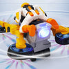 A transformable stunt car toy featuring a figure, lights, and spinning wheels.