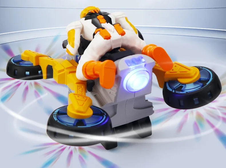 A transformable stunt car toy featuring a figure, lights, and spinning wheels.