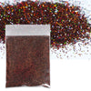 A small plastic bag filled with fine, reddish-brown holographic glitter powder scattered on a white background.