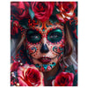 A close-up of a woman wearing a vibrant skull face painted with intricate details and surrounded by red and pink roses.