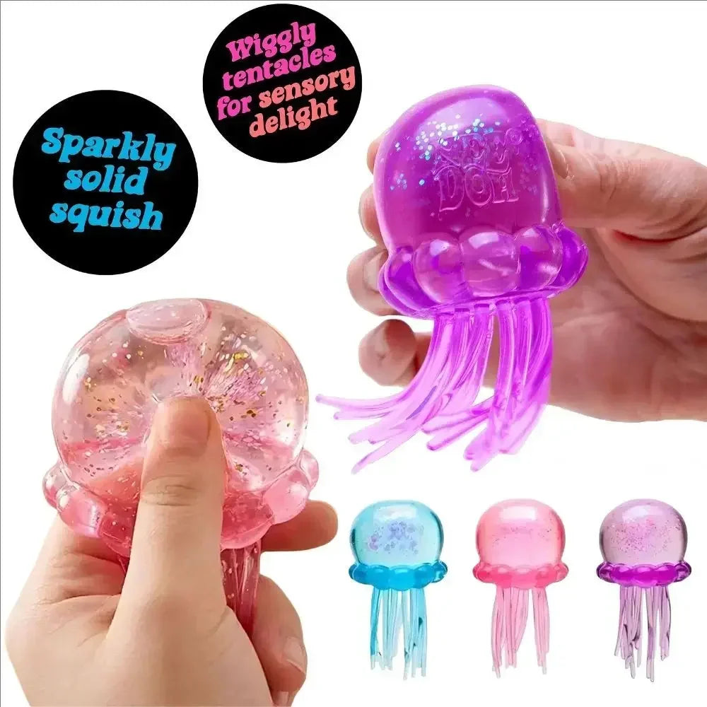 A hand holds a purple squishy toy with tentacles, demonstrating its soft water sensory features.
