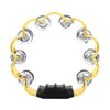 A golden double-layer tambourine with silver metal bells for kids.
