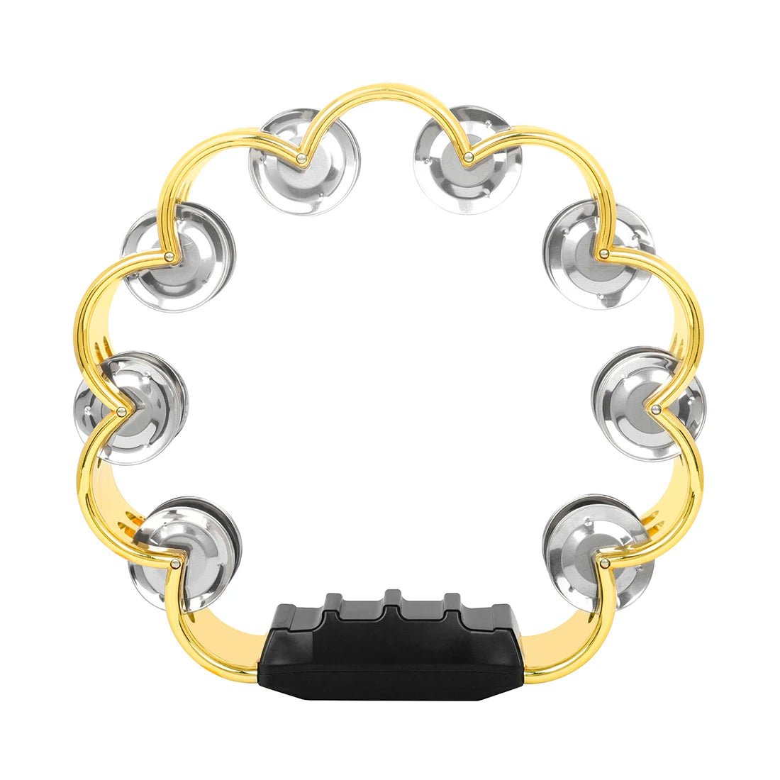 A golden double-layer tambourine with silver metal bells for kids.