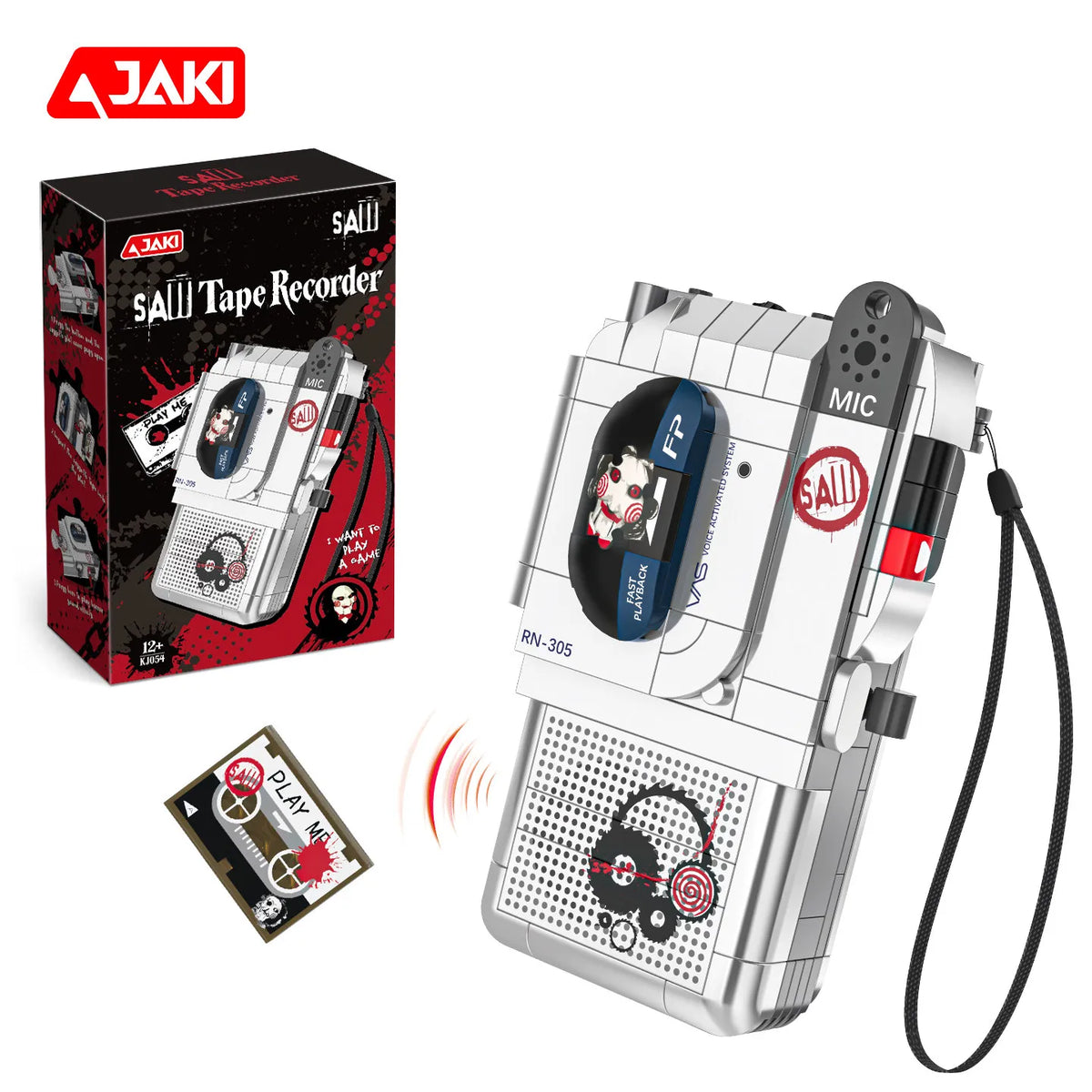 A JAKI Tape Recorder horror movie puppet model building set with voice recorder displayed next to its box.