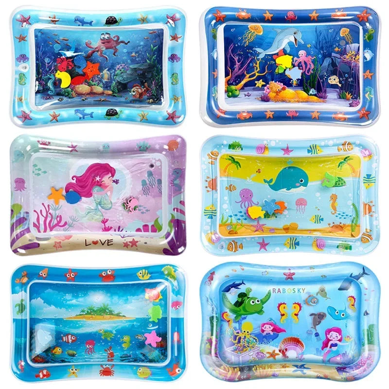 Colorful inflatable baby play mats featuring various animals and scenes for tummy time