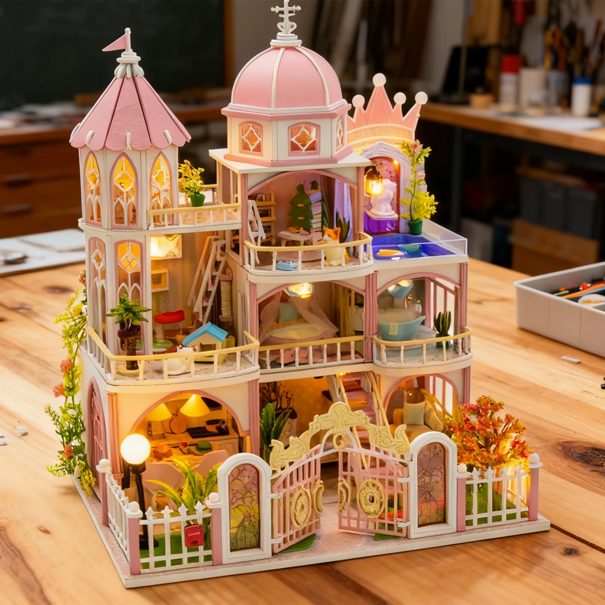 A detailed wooden dollhouse kit of a Windsor castle featuring pink and white architecture with LED lighting and furniture.