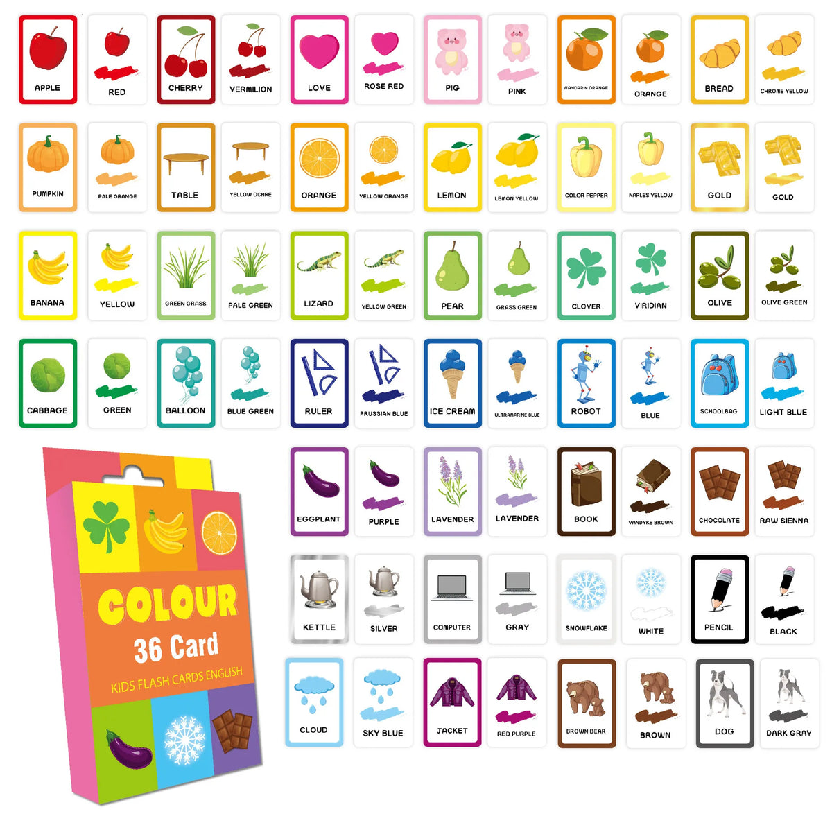 A box of 36 card flash cards for kids featuring shapes, animals, and colors.