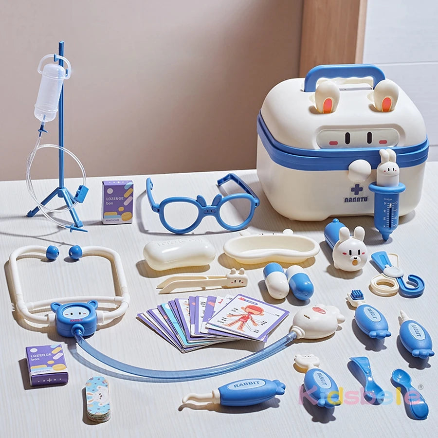 A kids doctor play set featuring a white medical kit, stethoscope, bandages, and various plastic tools for role-playing.