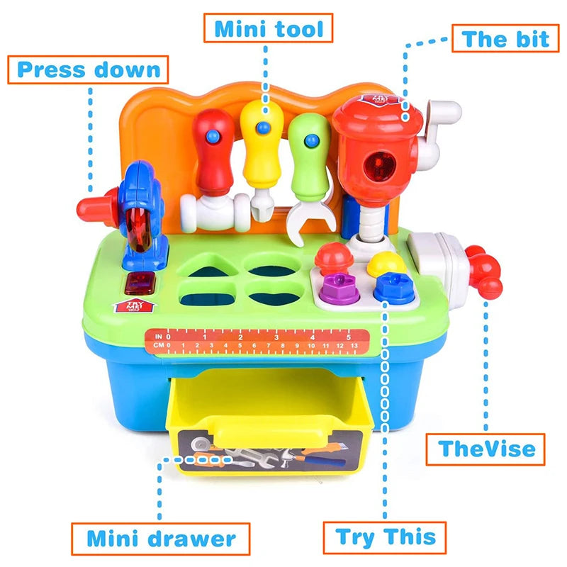 Kids' interactive toy drill set featuring a workbench, mini tool, bit, vise, and drawer components.