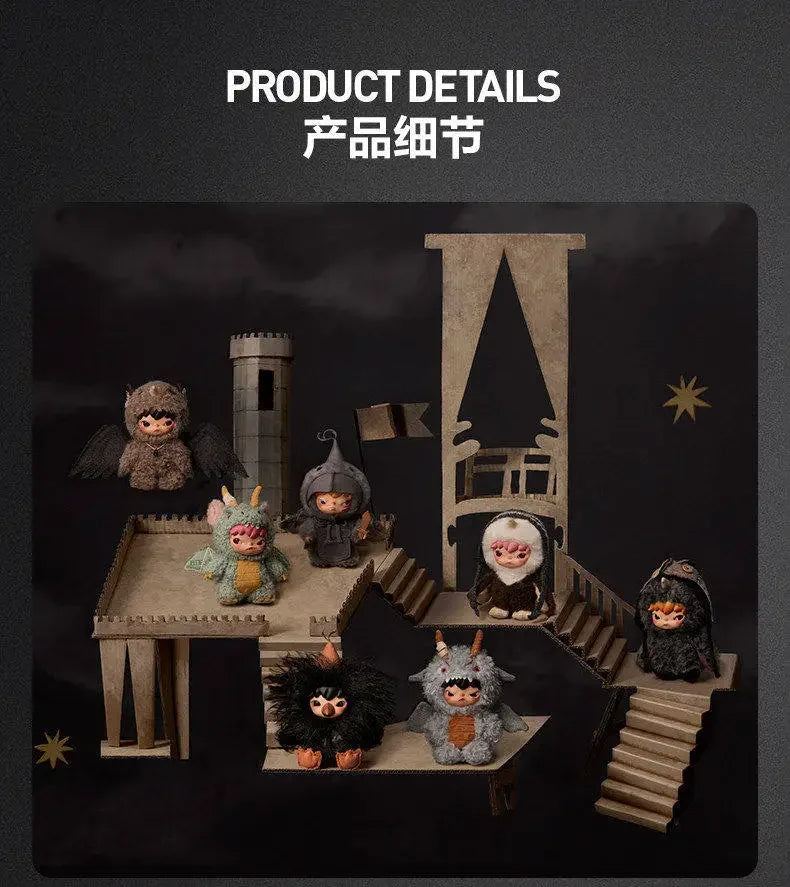 A collection of dark and light-colored plush dolls and figurines displayed on a wooden structure.
