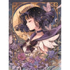 A digital illustration of a cartoon girl with dark hair and wings surrounded by flowers and celestial elements.