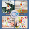 Montessori sensory pull string toy with colorful pom-poms and rings shown in various contexts.