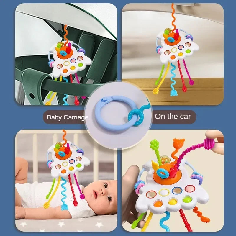 Montessori sensory pull string toy with colorful pom-poms and rings shown in various contexts.