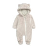 A light beige baby bear fleece hooded romper with a zipper.