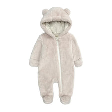 A light beige baby bear fleece hooded romper with a zipper.