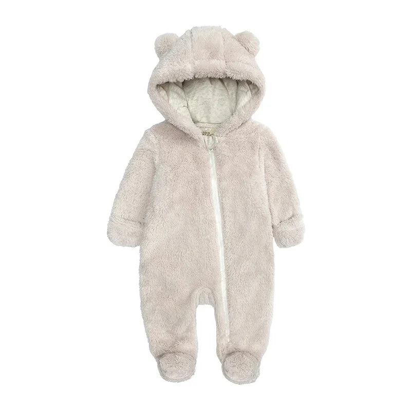 A light beige baby bear fleece hooded romper with a zipper.
