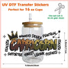 UV DTF transfer stickers for 16 oz cups featuring a Capricorn graffiti design on a glass jar