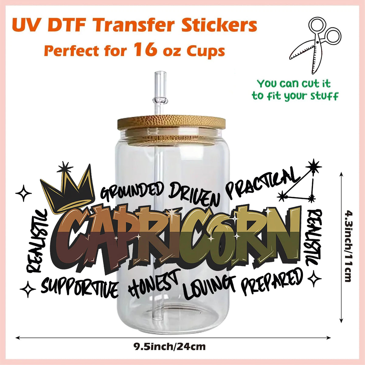 UV DTF transfer stickers for 16 oz cups featuring a Capricorn graffiti design on a glass jar