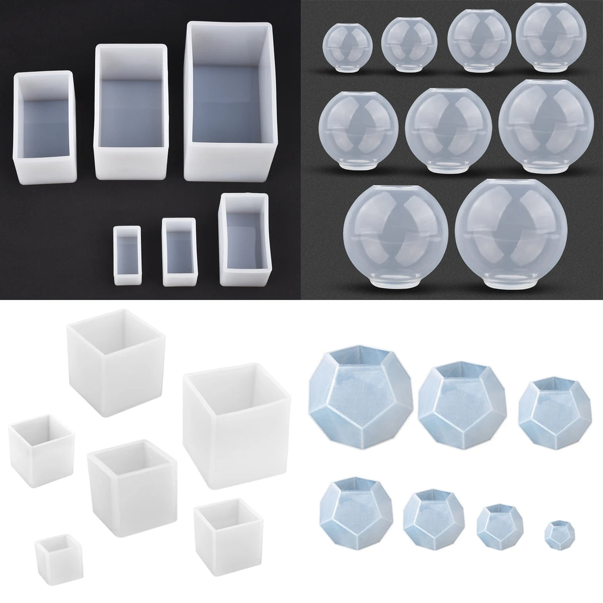 A collection of white geometric resin casting molds for DIY jewelry and crafts in various shapes and sizes.