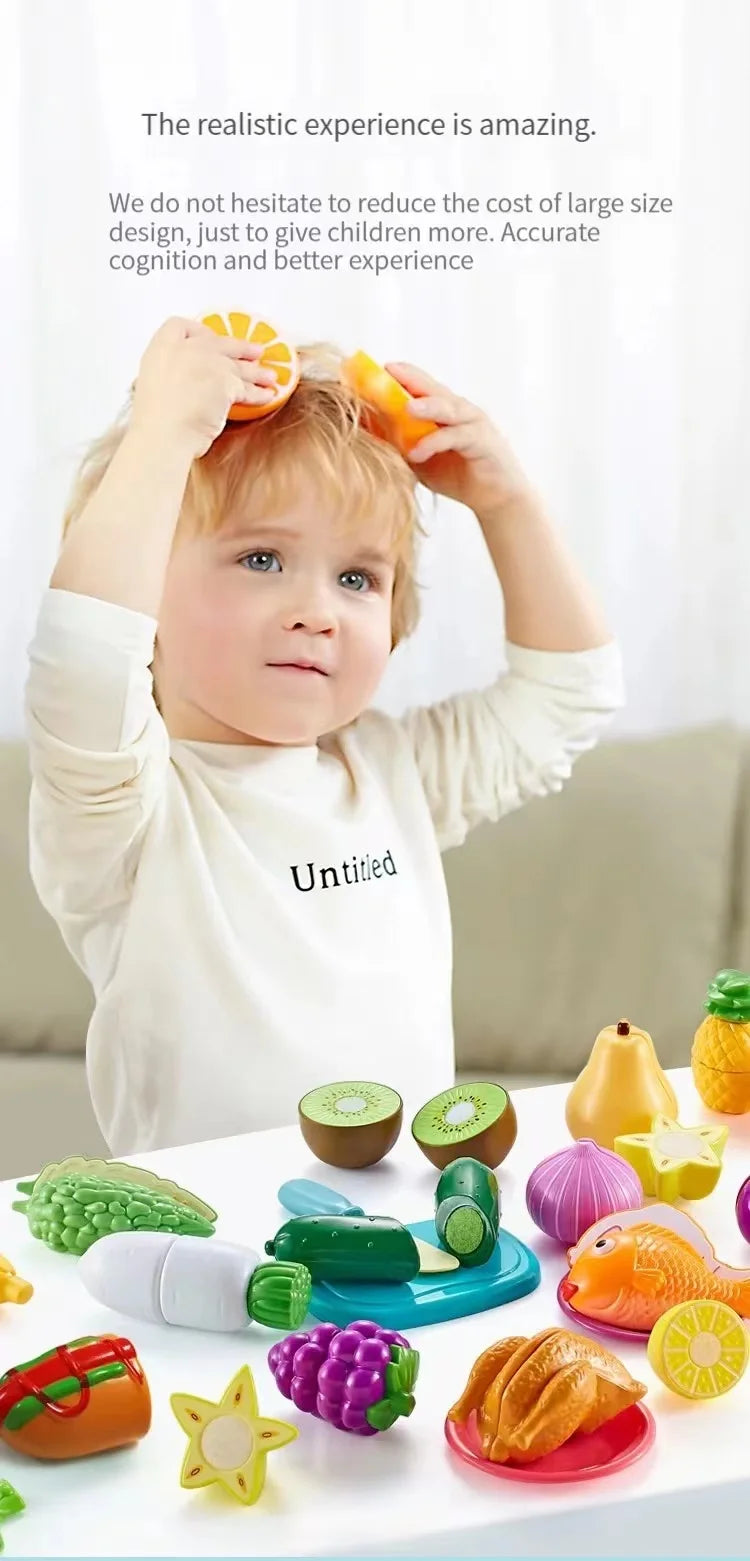 A child is shown interacting with a set of plastic fruit and vegetable models for a DIY cutting music toy.