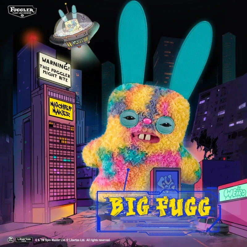 A colorful plush monster named Big Fugg, with large eyes and a funny grin, is featured against a cityscape background.