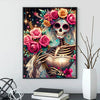 A vibrant diamond painting kit featuring a skull and floral elements with sparkling accents.