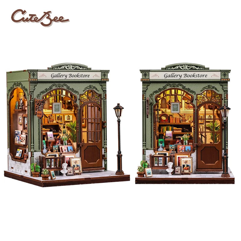 A detailed 3D wooden book nook kit featuring a gallery bookstore facade with intricate details and LED lighting.