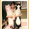 Two plush cats, one pink and one black, are being held by a woman in a bedroom setting.