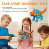 Children are playing with a disassembled dinosaur toy set and an electric drill for construction.