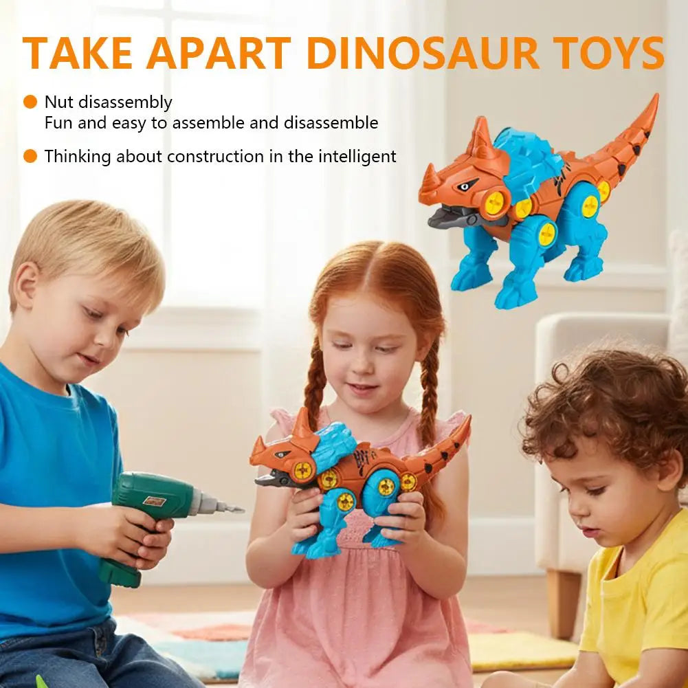 Children are playing with a disassembled dinosaur toy set and an electric drill for construction.