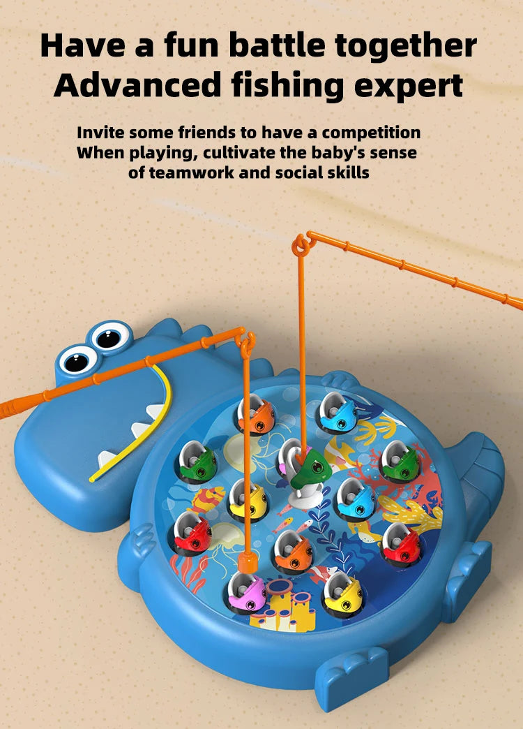 A blue plastic fish toy with a large mouth is surrounded by various magnetic fishing lures and fishing rods.