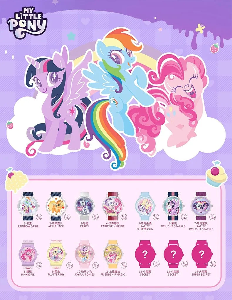 A blind box featuring My Little Pony Magic Sweetheart watches in various colors and designs.