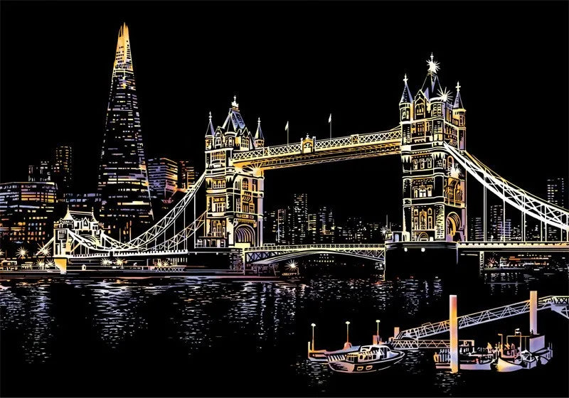 A nighttime silhouette of Tower Bridge and the London skyline illuminated with warm lights reflecting on the water.
