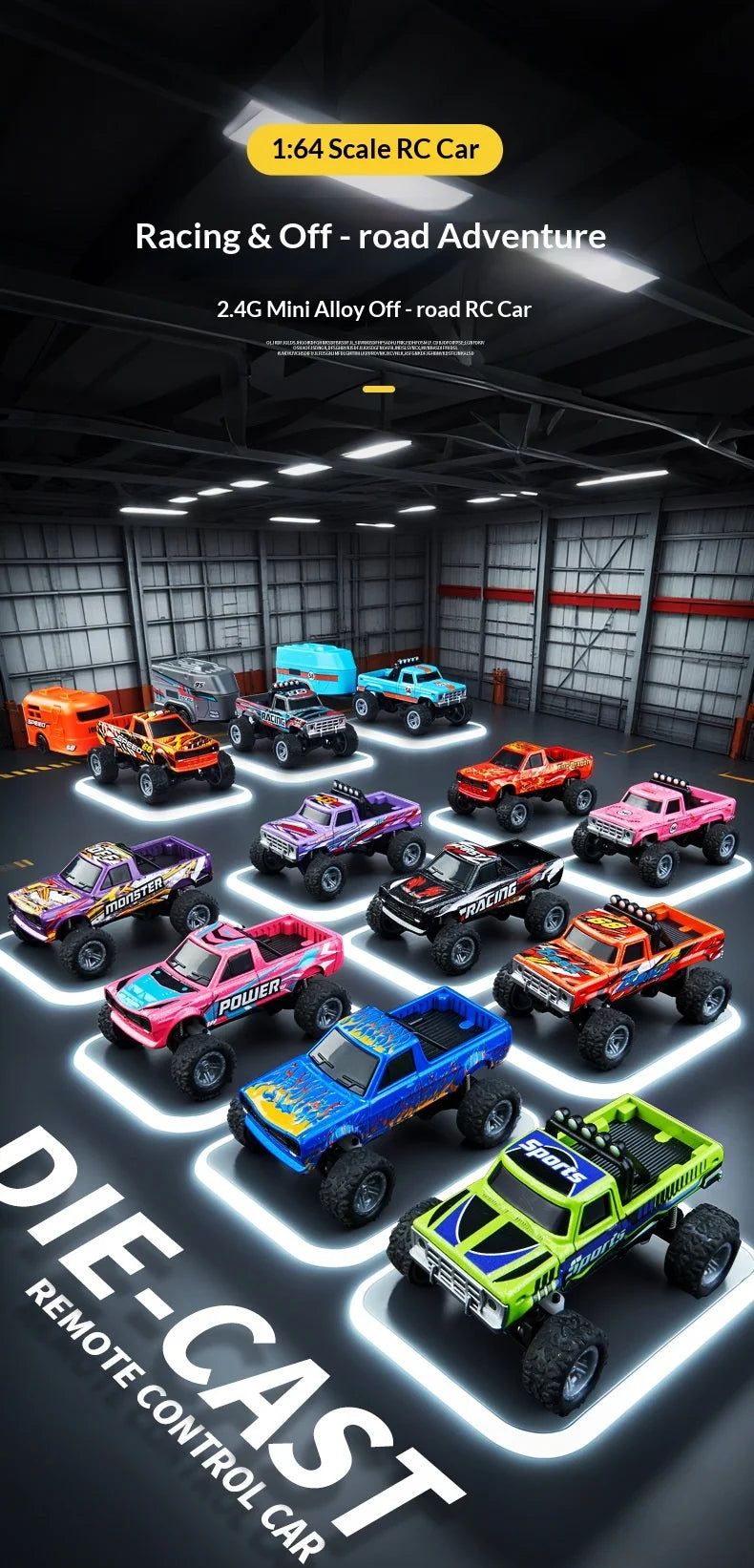 A collection of die-cast 1:64 scale RC monster trucks and off-road cars displayed on a dark surface.